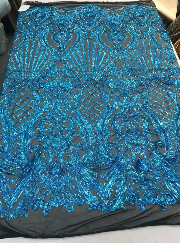 Turquoise iridescent damask sequin design on a 4 way stretch black mesh-dresses-prom-nightgown-sold by the yard-free shipping in the USA-