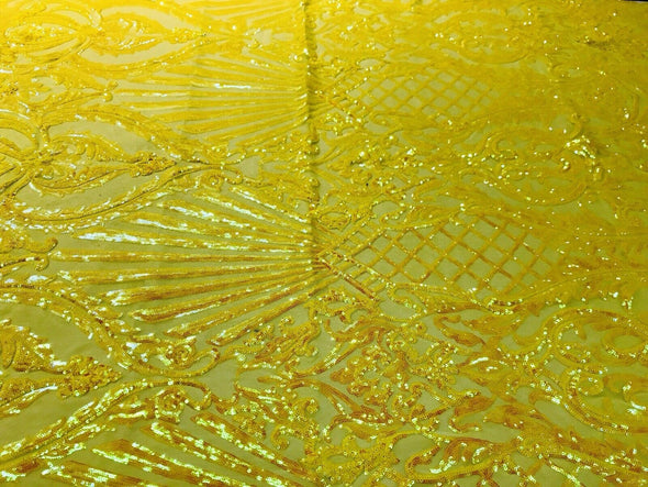 Yellow iridescent damask sequin design on a 4 way stretch mesh-dresses-prom-nightgown-sold by the yard-free shipping in the USA-