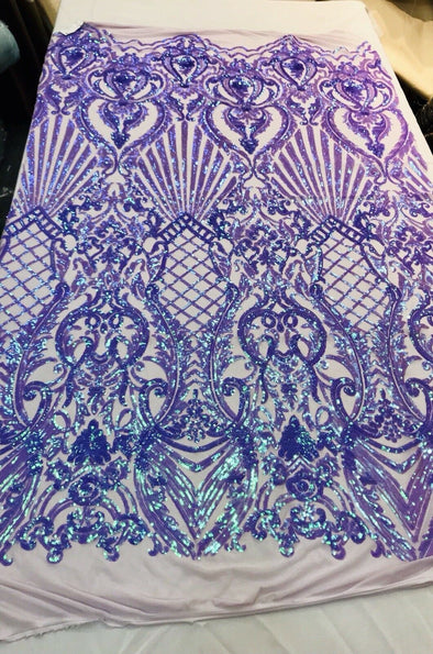 Lavender iridescent damask sequin design on a 4 way stretch mesh-dresses-prom-nightgown. Sold by the yard