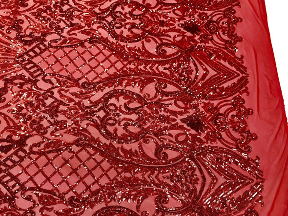 Red iridescent damask sequin design on a 4 way stretch mesh-dresses-prom-nightgown-sold by the yard-free shipping in the USA-