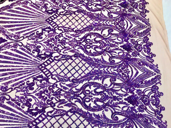 Purple iridescent damask sequin design on a 4 way stretch nude mesh-dresses-prom-nightgown-sold by the yard-free shipping in the USA-