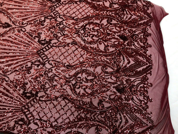 Burgundy  damask sequin design on a 4 way stretch mesh-dresses-prom-nightgown-sold by the yard-free shipping in the USA-