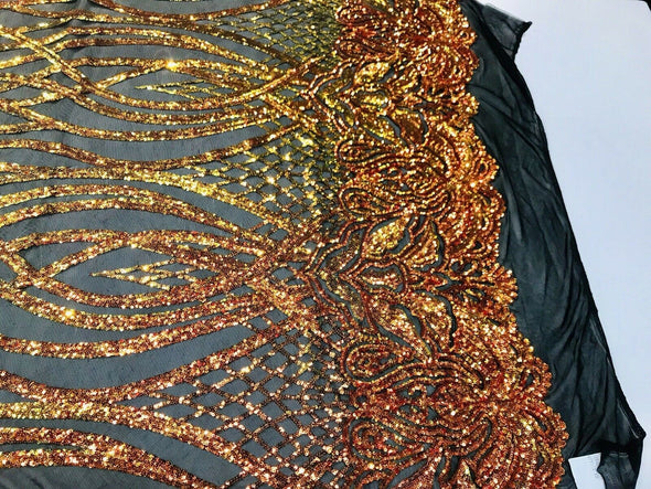 Orange iridescent phoenix flames sequin design on a 4 way stretch black mesh-prom-nightgown-sold by the yard-free shipping in the USA-