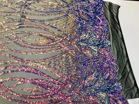 Rainbow iridescent phoenix flames sequin design on a 4 way stretch black mesh-prom-nightgown-sold by the yard-free shipping in the USA-