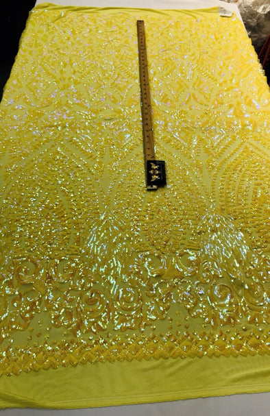 Yellow iridescent sequin diamond design on a 4 way stretch mesh-prom-nightgown-by the yard-free shipping in the USA.
