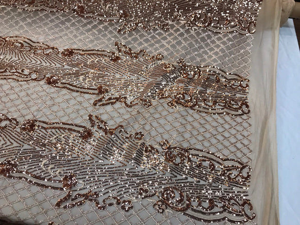 Rose gold glitter sequin damask design on a 4 way stretch nude mesh lace-prom-nightgown-sold by the yard.free shipping in the USA.