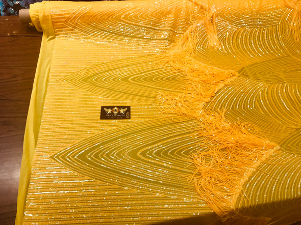 NEW!!!Dark yellow iridescent fringe sequins design on a 4 way stretch mesh fabric-prom-nightgown-sold by the yard-free shipping in the USA.
