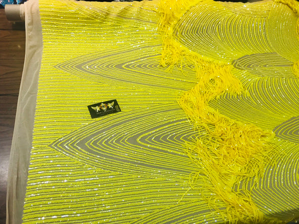 NEW!! Bright yellow fringe sequins design on a 4 way stretch nude mesh fabric-prom-nightgown-sold by the yard-free shipping in the USA-