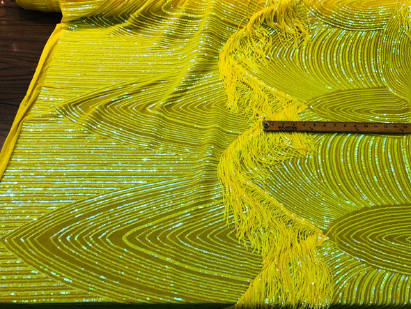 NEW!! Neon yellow iridescent fringe sequins design on a 4 way stretch mesh fabric-prom-nightgown-sold by the yard-free shipping in the USA-
