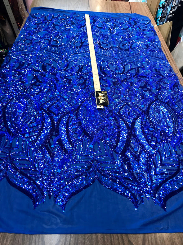 Royal BLue Sequins Design With Feathers On A 4 Way Stretch Mesh Fabric-Prom -Nightgown-Sold By The Yard-Free Shipping In The USA-