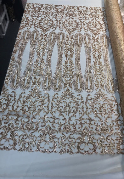 Champagne shiny glitter damask design on a mesh lace-dresses-apparel-fashion-decorations-prom-nightgown-sold by the yard.