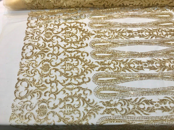 Gold shiny glitter damask design on a mesh lace-dresses-fashion-apparel-prom-nightgown-decorations-sold by the yard.