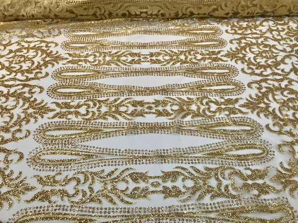 Gold shiny glitter damask design on a mesh lace-dresses-fashion-apparel-prom-nightgown-decorations-sold by the yard.