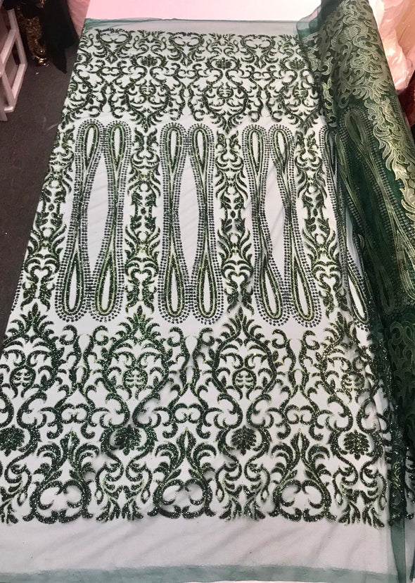 Hunter green shiny glitter damask design on a mesh lace-dresses-fashion-apparel-prom-nightgown-decorations-sold by the yard.