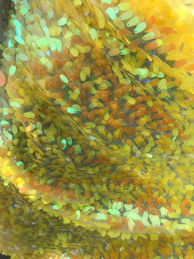 Yellow iridescent teardrop sequin design on a mesh-prom-nightgown-decorations-sold by the yard-free shipping in the USA-