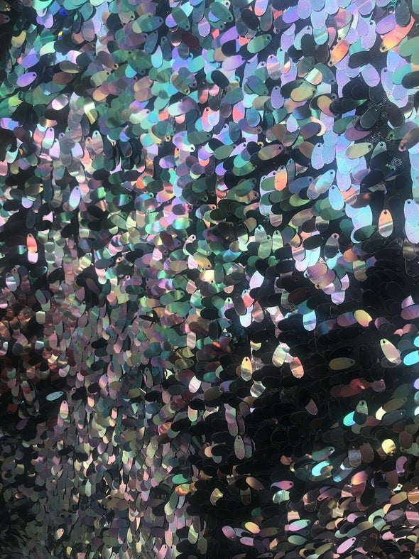 Iridescent 12 mm teardrop mermaid sequins design on a mesh-prom-nightgown-decorations-sold by the yard-free shipping in the USA..