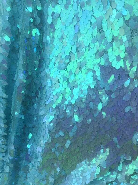 Iridescent 12 mm teardrop mermaid sequins design on a mesh-prom-nightgown-decorations-sold by the yard-free shipping in the USA..