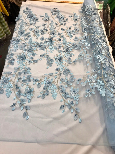 Light blue 3d floral design embroidery with pearls & metallic tread on a mesh lace-prom-nightgown-sold by the yard-free shipping in the USA.