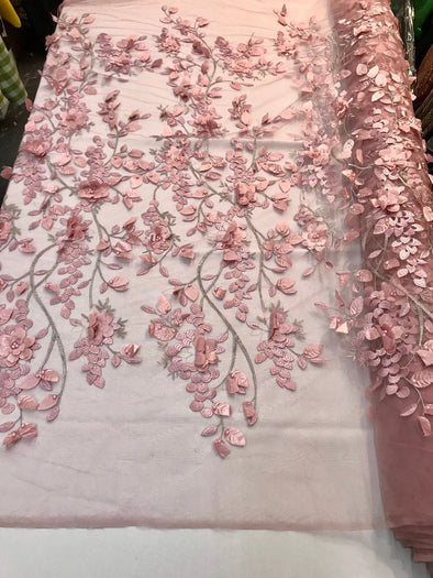Dusty rose 3d floral design embroidery with pearls & metallic tread on a mesh lace-prom-nightgown-sold by the yard-free shipping in the USA.
