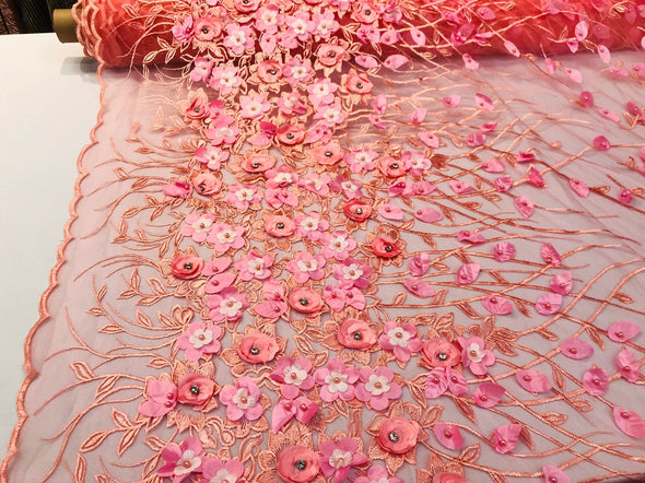 Coral multi color 3d floral design embroidery with rhinestones on a mesh lace-prom-nightgown-sold by the yard-free shipping in the USA.
