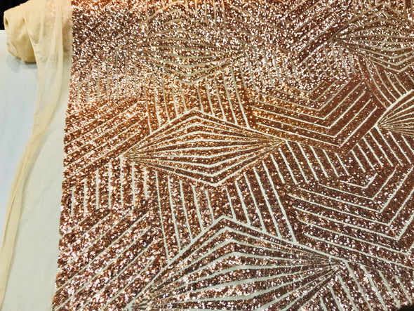 Rose gold shiny sequin geometric diamond design on a 2 way stretch mesh fabric-prom-nightgown-sold by the yard-free shipping in the USA-