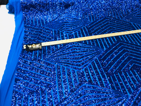 Royal blue shiny sequin geometric diamond design on a 2 way stretch mesh fabric-prom-nightgown-sold by the yard-free shipping in the USA-