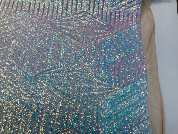 Aqua iridescent sequin geometric diamond design on a 4 way stretch nude mesh fabric-prom-nightgown-sold by the yard-free shipping in the USA