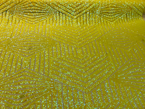 Yellow iridescent sequin geometric diamond design on a 2 way stretch mesh fabric-prom-nightgown-sold by the yard-free shipping in the USA-