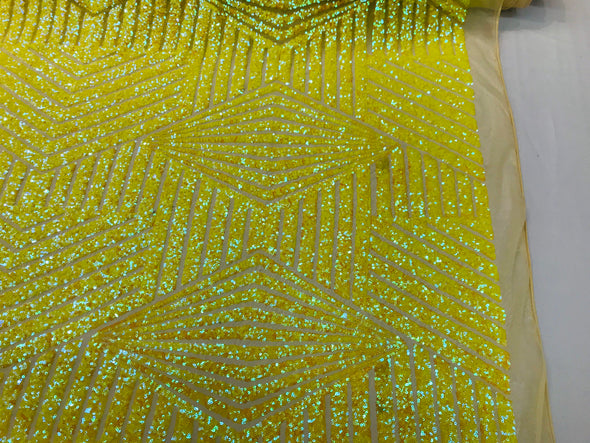 Yellow iridescent sequin geometric diamond design on a 2 way stretch mesh fabric-prom-nightgown-sold by the yard-free shipping in the USA-