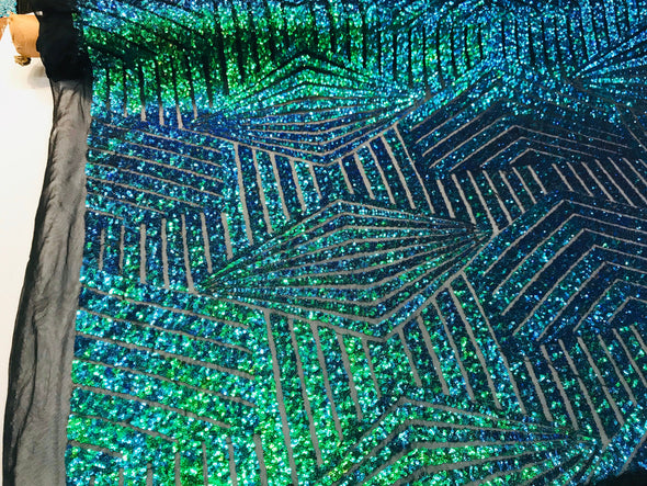 Green iridescent sequin geometric diamond design on a 2 way stretch black mesh fabric-prom-nightgown-sold by the yard-free shipping in USA-