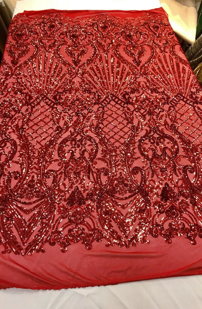 Red iridescent damask sequin design on a 4 way stretch mesh-dresses-prom-nightgown-sold by the yard-free shipping in the USA-