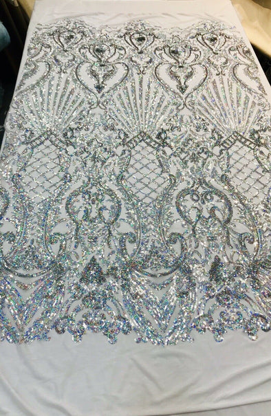 Silver Iridescent damask sequin design on a 4 way stretch white mesh-dresses-prom-nightgown-Sold by the yard.