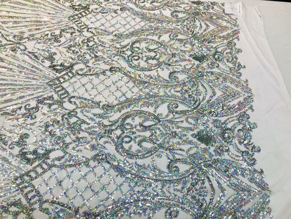 Silver iridescent damask sequin design on a 4 way stretch white mesh-dresses-prom-nightgown-sold by the yard-free shipping in the USA-