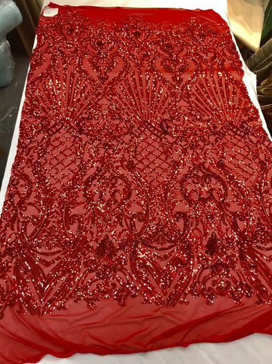 Red damask sequin design on a 4 way stretch mesh-dresses-prom-nightgown-Sold by the yard.