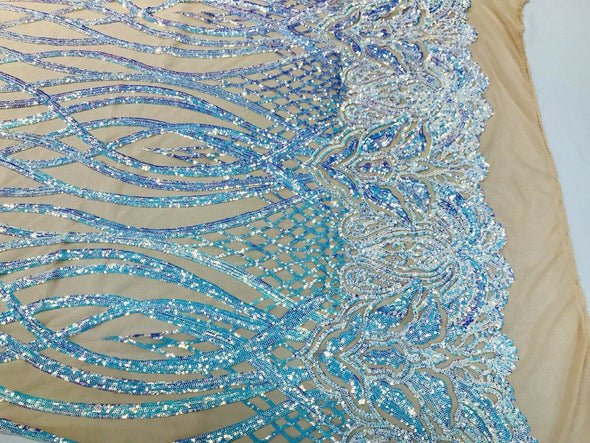 Aqua iridescent phoenix flames sequin design on a 4 way stretch nude mesh-prom-nightgown-sold by the yard-free shipping in the USA-
