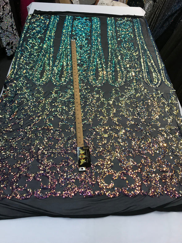 Rainbow iridescent sequin classic design on a 4 way stretch black mesh fabric -prom-nightgown-sold by the yard-free shipping in the USA-