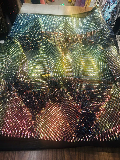 NEW!! Rainbow iridescent fringe sequins design on a 4 way black stretch mesh fabric-prom-nightgown-sold by the yard-free shipping in the USA