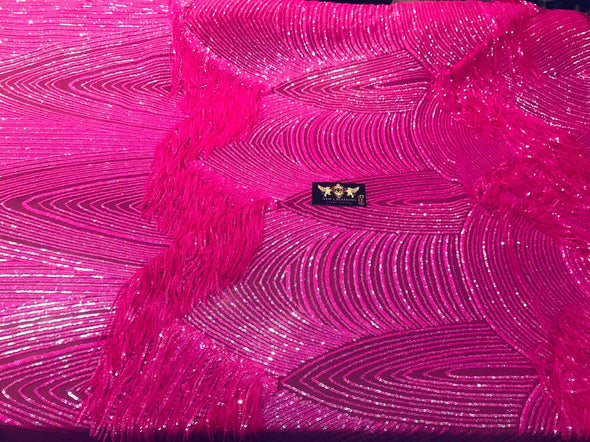 NEW!! Neon hot pink iridescent fringe sequins design on a 4 way stretch mesh fabric-prom-nightgown-sold by the yard-free shipping in the USA