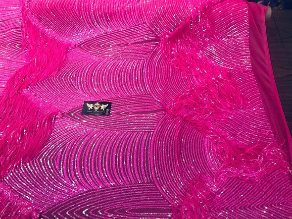 NEW!! Neon hot pink iridescent fringe sequins design on a 4 way stretch mesh fabric-prom-nightgown-sold by the yard-free shipping in the USA
