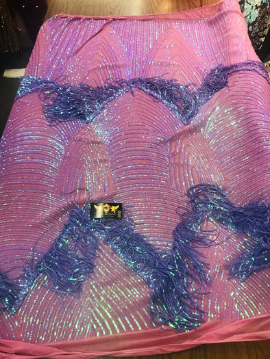 NEW!! Lavender iridescent fringe sequins design on a 4 way stretch pink mesh fabric-prom-nightgown-sold by the yard-free shipping in the USA