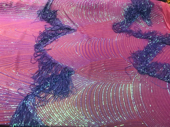 NEW!! Lavender iridescent fringe sequins design on a 4 way stretch pink mesh fabric-prom-nightgown-sold by the yard-free shipping in the USA