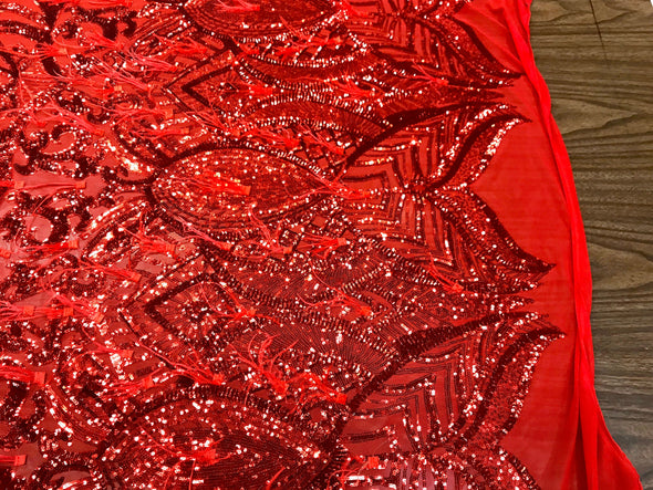 Red sequins Design With Feathers On A 4 Way Stretch Mesh Fabric-Prom-Nightgown-Sold By The Yard-Free Shipping In The USA-