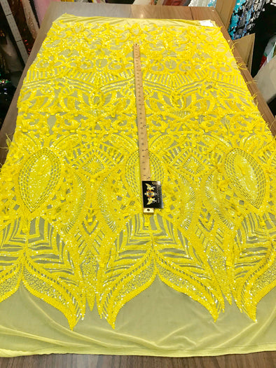 Bright Yellow Sequins Design With Feathers On A 4 Way Stretch Mesh Fabric-Prom-Nightgown-Sold By The Yard-Free Shipping In The USA-