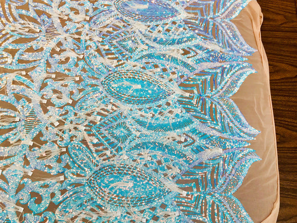 Aqua Clear Sequins Design With Feathers On A 4 Way Stretch Nude Mesh Fabric-Prom-Nightgown-Sold By The Yard-Free Shipping In The USA-