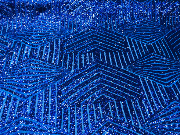 Royal blue shiny sequin geometric diamond design on a 2 way stretch mesh fabric-prom-nightgown-sold by the yard-free shipping in the USA-
