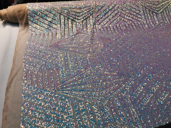 Aqua iridescent sequin geometric diamond design on a 4 way stretch nude mesh fabric-prom-nightgown-sold by the yard-free shipping in the USA