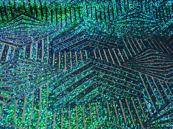 Green iridescent sequin geometric diamond design on a 2 way stretch black mesh fabric-prom-nightgown-sold by the yard-free shipping in USA-