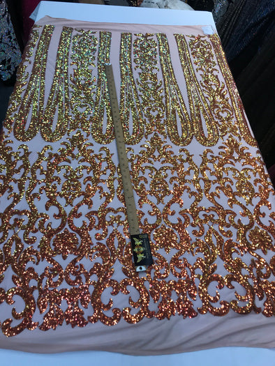 Orange iridescent sequin classic design on a 4 way stretch nude mesh fabric-prom-nightgown-sold by the yard-free shipping in the usa-