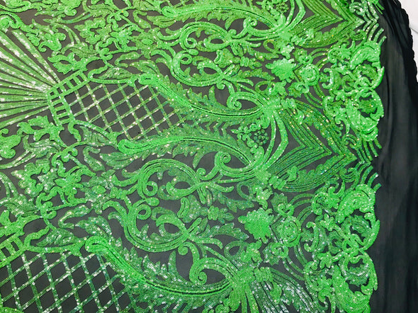 Neon green iridescent shiny sequin damask design on a black 4 way stretch mesh-prom-nightgown-sold by the yard-free shipping in the usa.