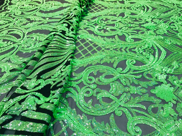 Neon green iridescent shiny sequin damask design on a black 4 way stretch mesh-prom-nightgown-sold by the yard-free shipping in the usa.
